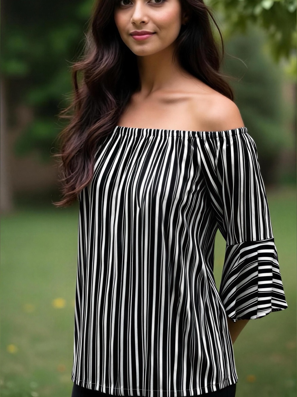 Cable & Gauge Striped Off The Shoulder Bardot Top Black White Bell Sleeve Medium